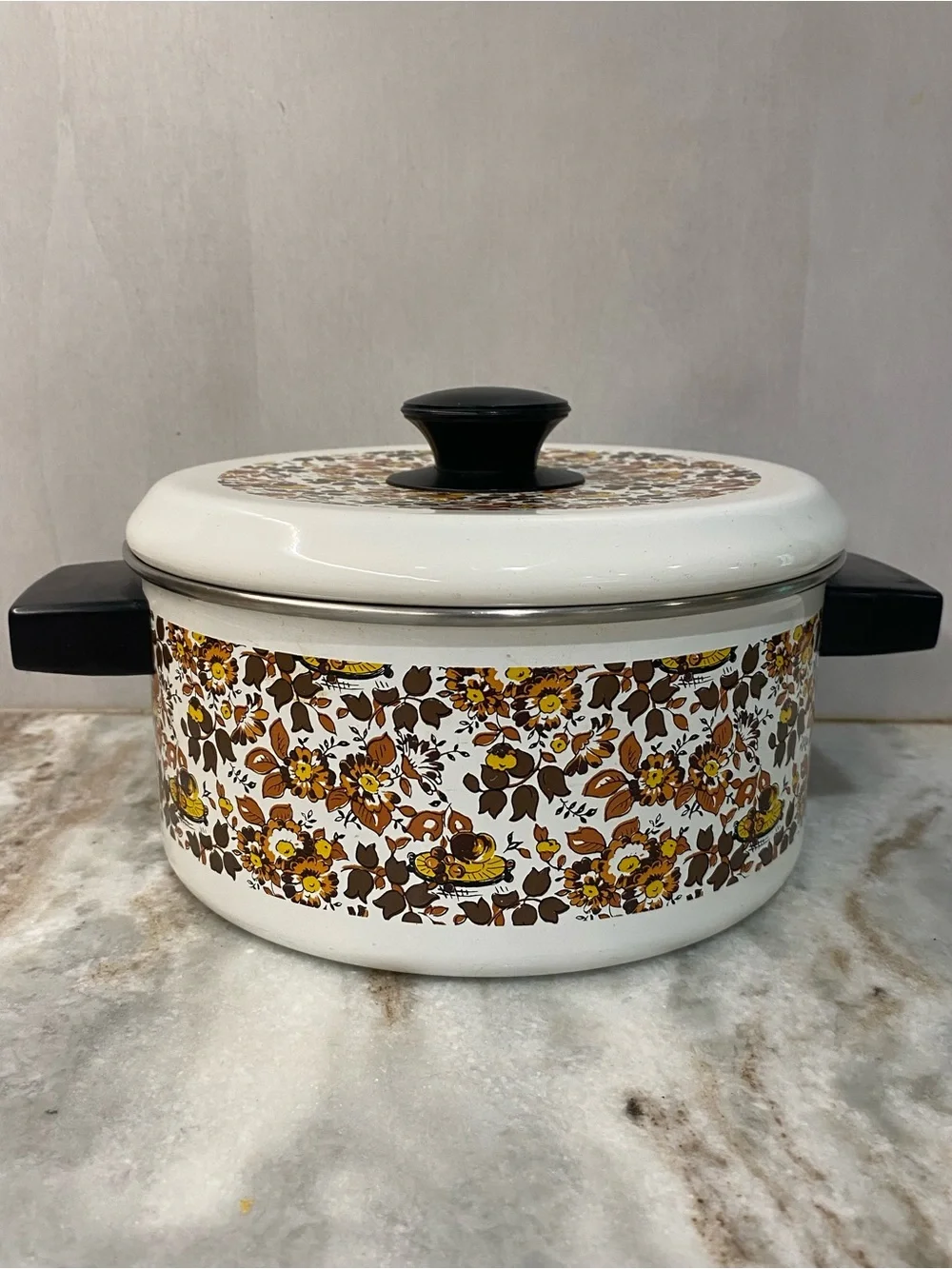 Vintage Fancipans Enamelware 1.5Qt Lidded Casserole Pot 1970s Butterfly MCM
